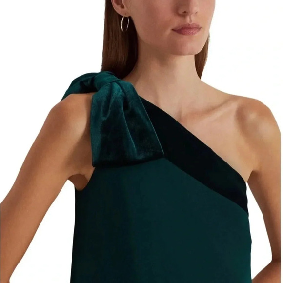 Lauren Ralph Lauren Chiffon One Shoulder Bow Forest Green Dress Sz 14 NWT - Picture 14 of 15